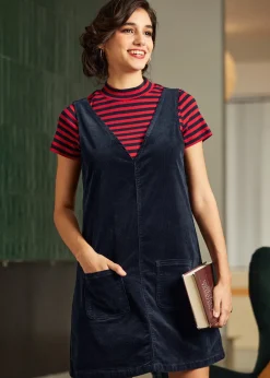 Retro Radiance V-Neck Corduroy Dress Midnight Sky Clearance