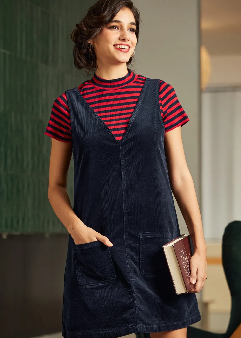 Retro Radiance V-Neck Corduroy Dress Midnight Sky Clearance