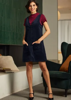 Retro Radiance V-Neck Corduroy Dress Midnight Sky Clearance