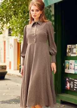 Romantic Era Button Front Midi Dress Walnut Clearance