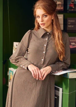 Romantic Era Button Front Midi Dress Walnut Clearance