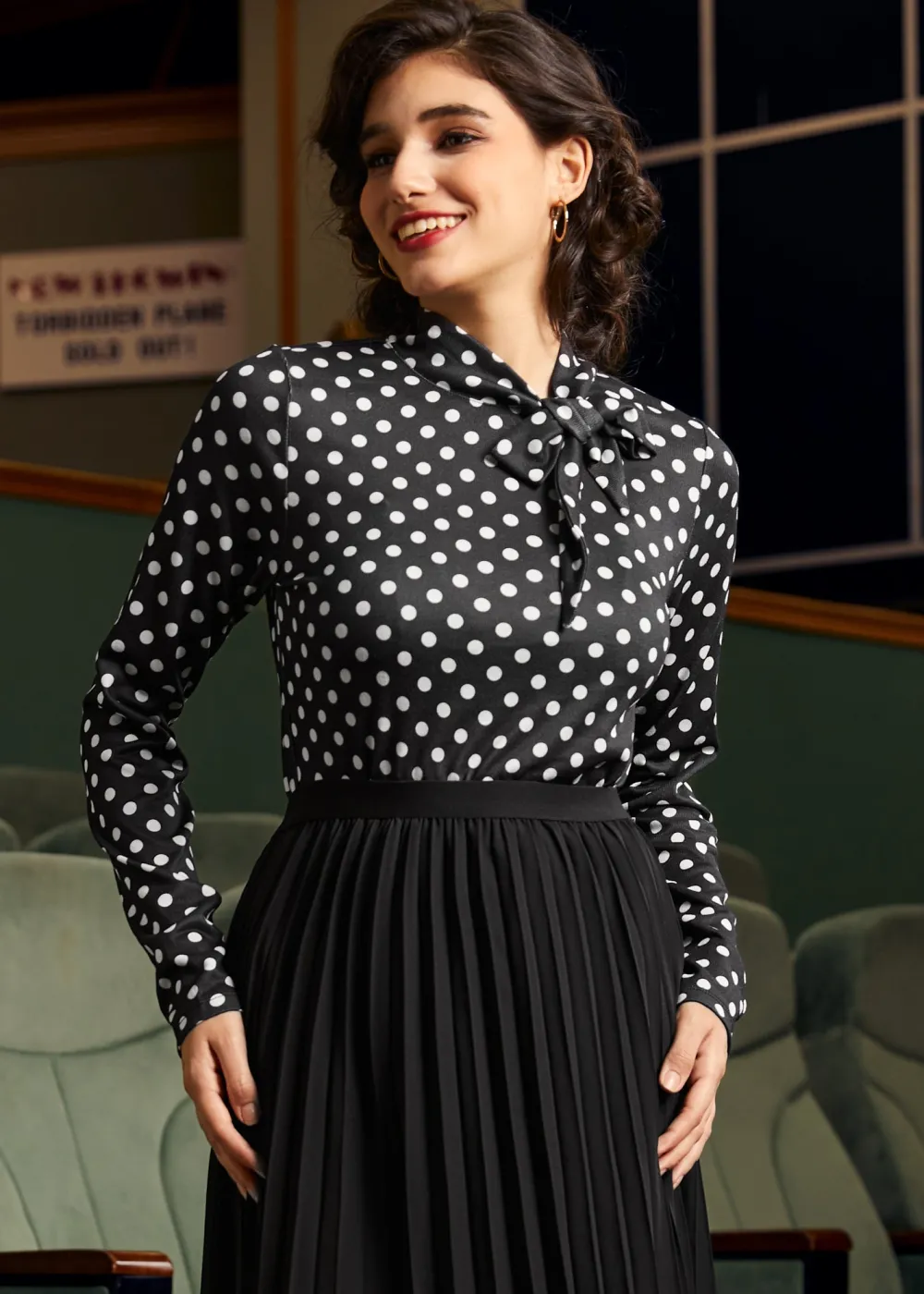 BTC Rydell High Revisited Long Sleeve Tie-Neck Top Dotty Twilight Clearance