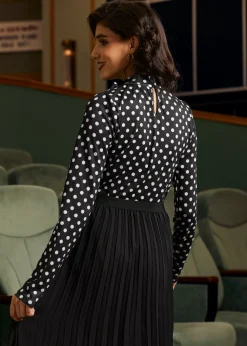 BTC Rydell High Revisited Long Sleeve Tie-Neck Top Dotty Twilight Clearance