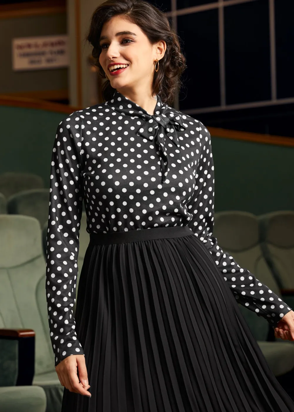 BTC Rydell High Revisited Long Sleeve Tie-Neck Top Dotty Twilight Clearance