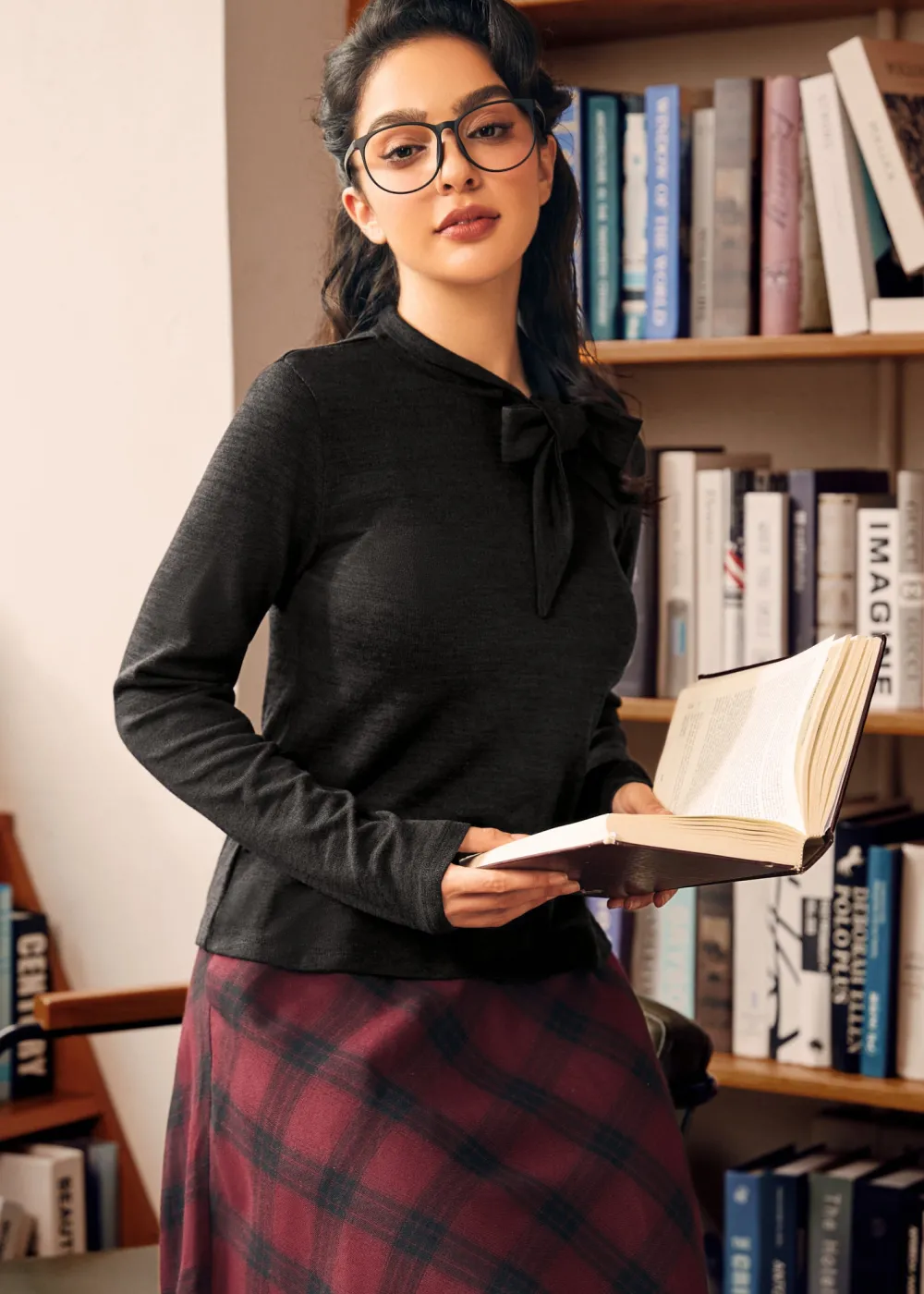 BTC Rydell High Revisited Long Sleeve Tie-Neck Top Bewitching Black Sale