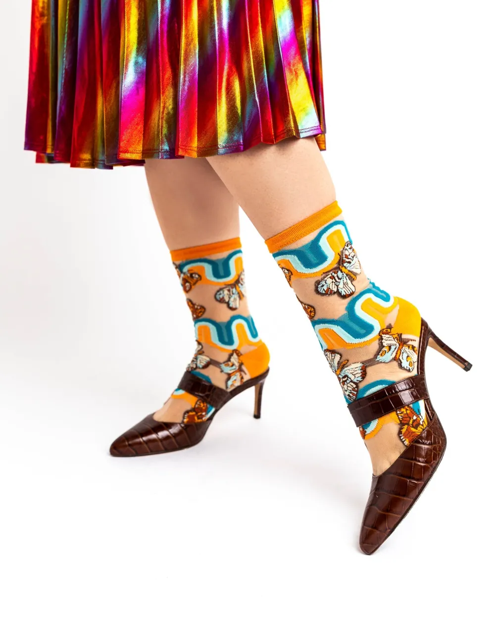 70s Rainbow Butterfly Sheer Crew Sock Hot