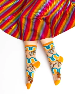 70s Rainbow Butterfly Sheer Crew Sock Hot