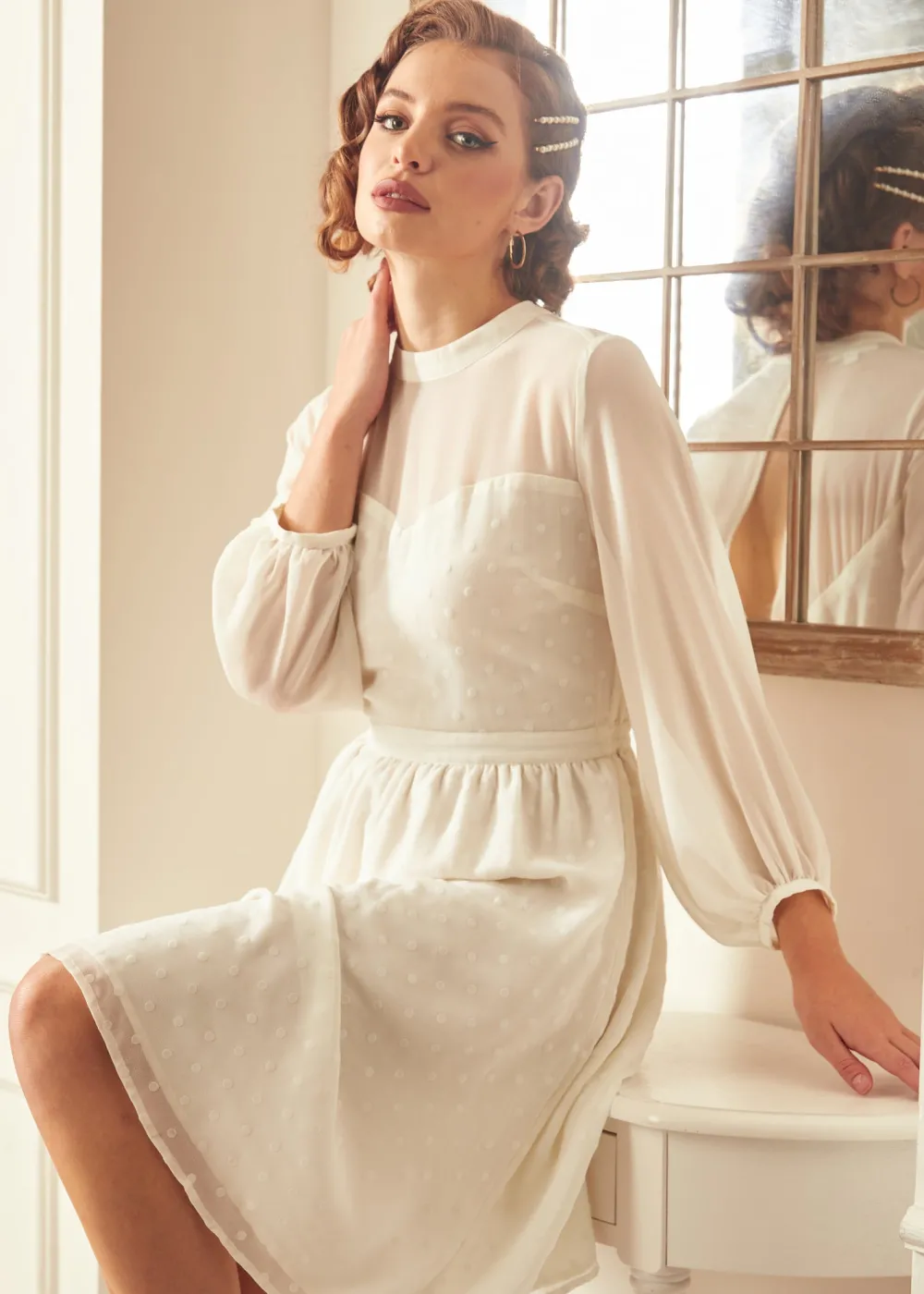 Hangzhou HS Fashion Corporation Ltd. Sheerly Blessed In Bliss Fit and Flare Dress Ivory Polka Dots Best