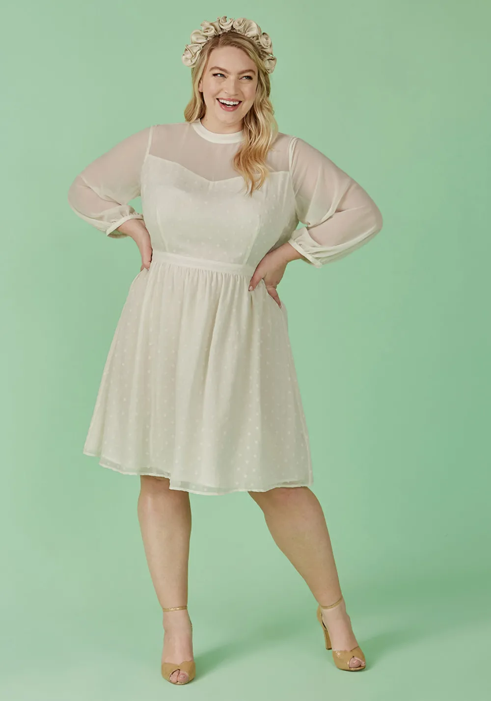 Hangzhou HS Fashion Corporation Ltd. Sheerly Blessed In Bliss Fit and Flare Dress Ivory Polka Dots Best