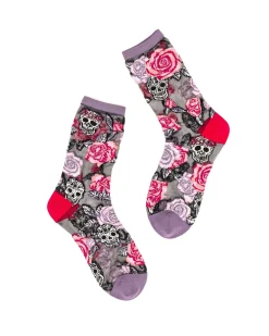 Skulls & Roses Black Sheer Crew Sock New