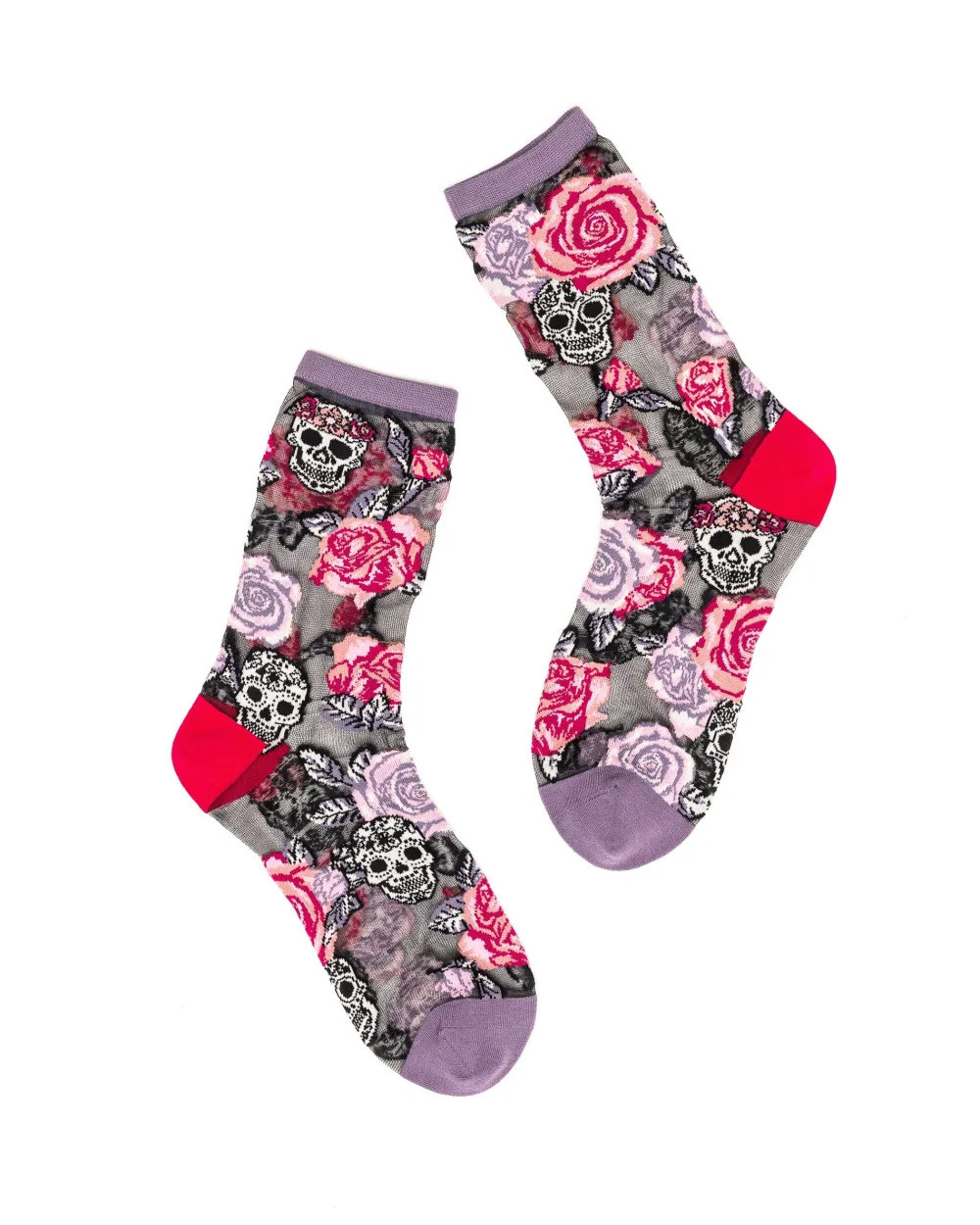 Skulls & Roses Black Sheer Crew Sock New