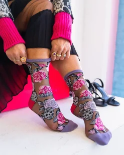 Skulls & Roses Black Sheer Crew Sock New