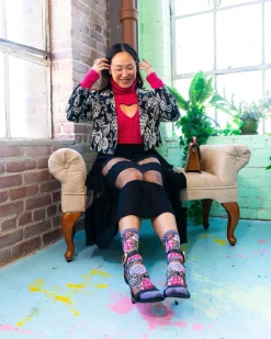 Skulls & Roses Black Sheer Crew Sock New