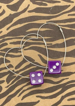 Sterling Silver Dice Heart Hoop Earrings Purple New