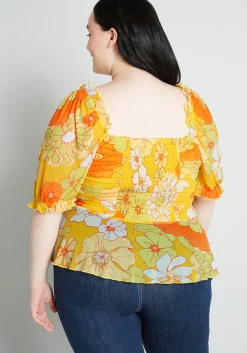 Hangzhou HS Fashion Corporation Ltd. Summer Escape Upstate Peplum Top Yellow Honolulu Floral Clearance