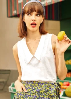 Sweet Stitched Collar V-Neck Top White Hot