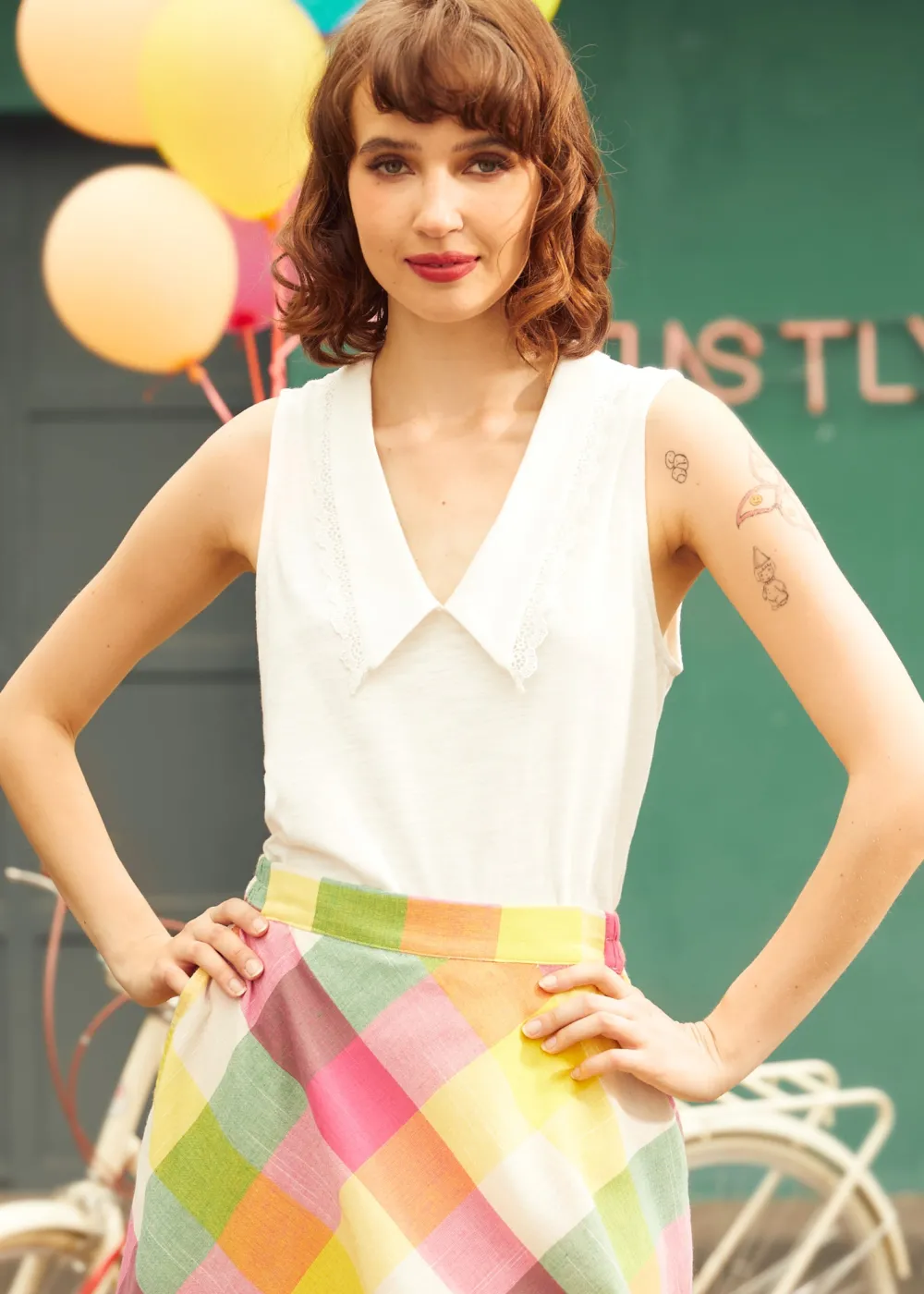 Sweet Stitched Collar V-Neck Top White Hot