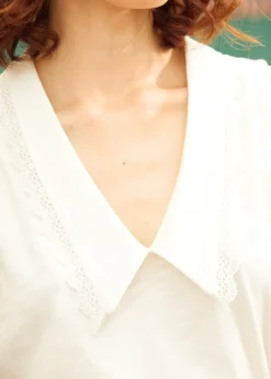 Sweet Stitched Collar V-Neck Top White Hot