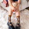 Teddy Bear Ruffle Black Sheer Crew Sock New