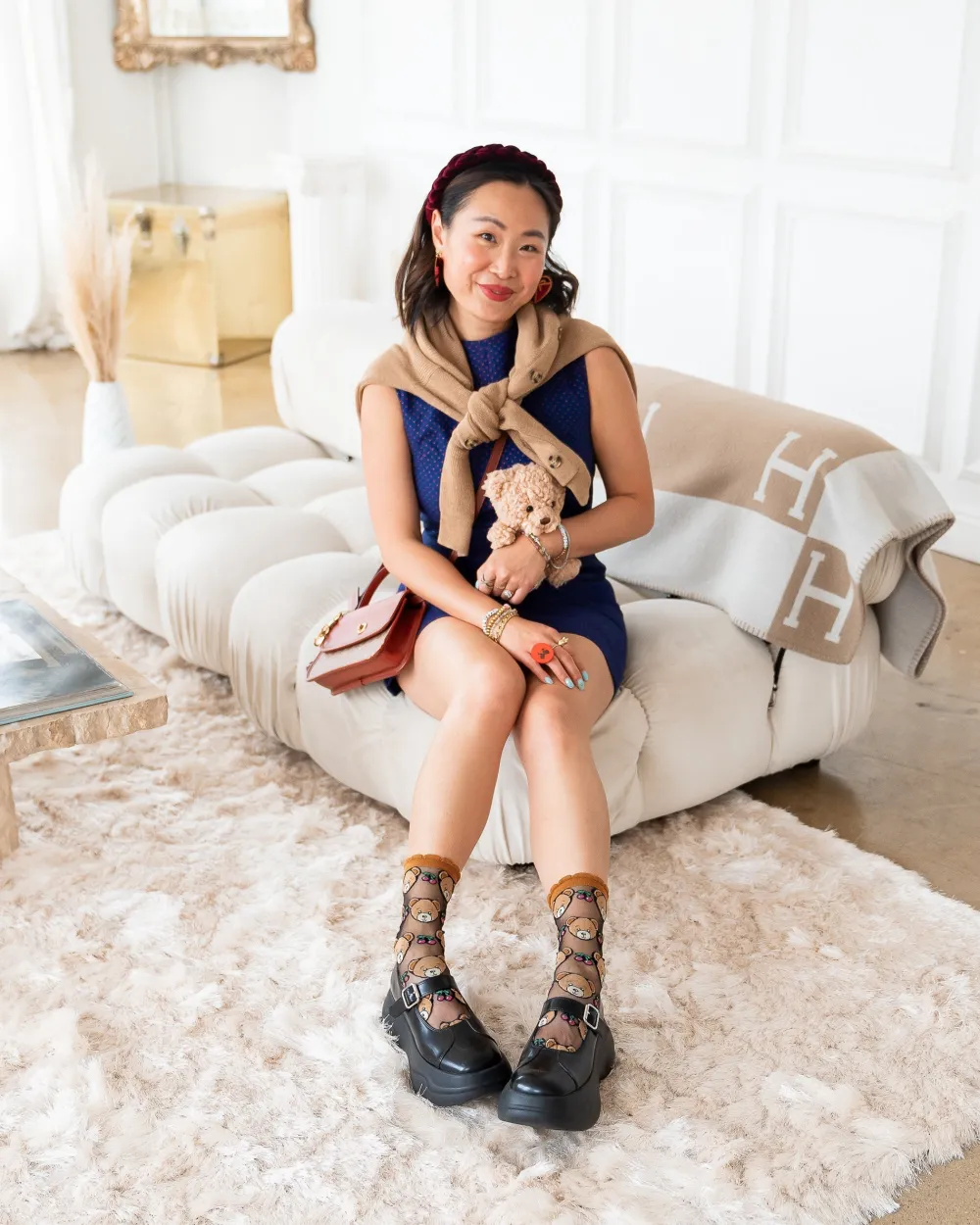 Teddy Bear Ruffle Black Sheer Crew Sock New