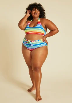 ModCloth The JoJo High-Waisted Bikini Bottom Rainbow Stripes Hot