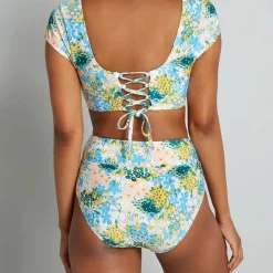 ModCloth The Sara High-Waisted Bikini Bottom Blue/Yellow Floral Online