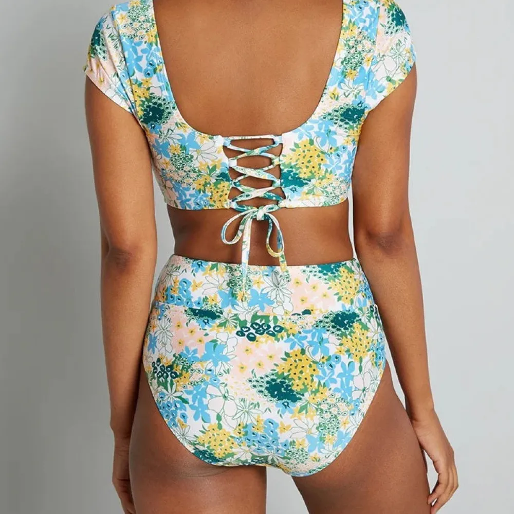 ModCloth The Sara High-Waisted Bikini Bottom Blue/Yellow Floral Online