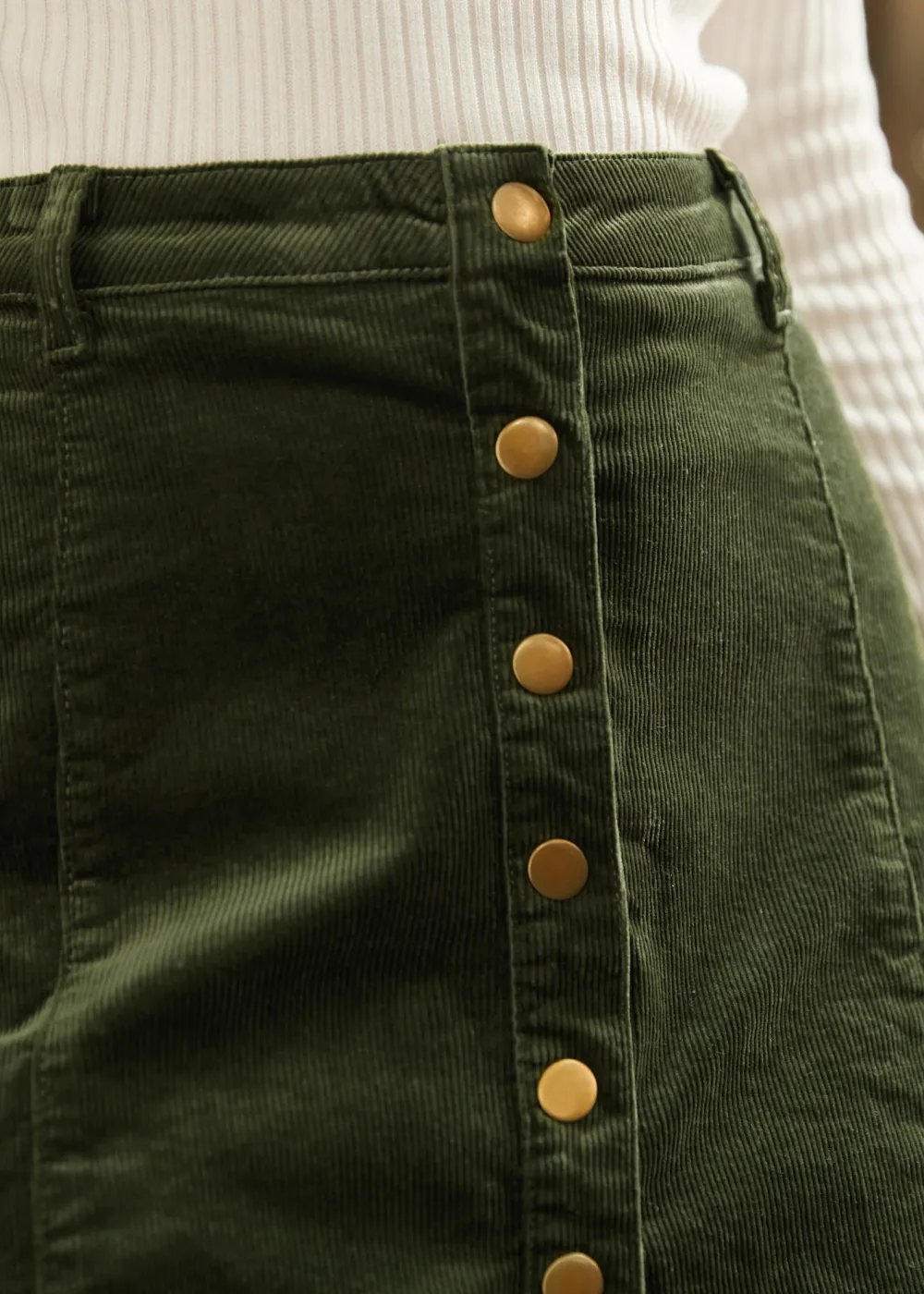 EZ Apparel Vogue on Vinyl Button Front Corduroy Skirt Olive Clearance