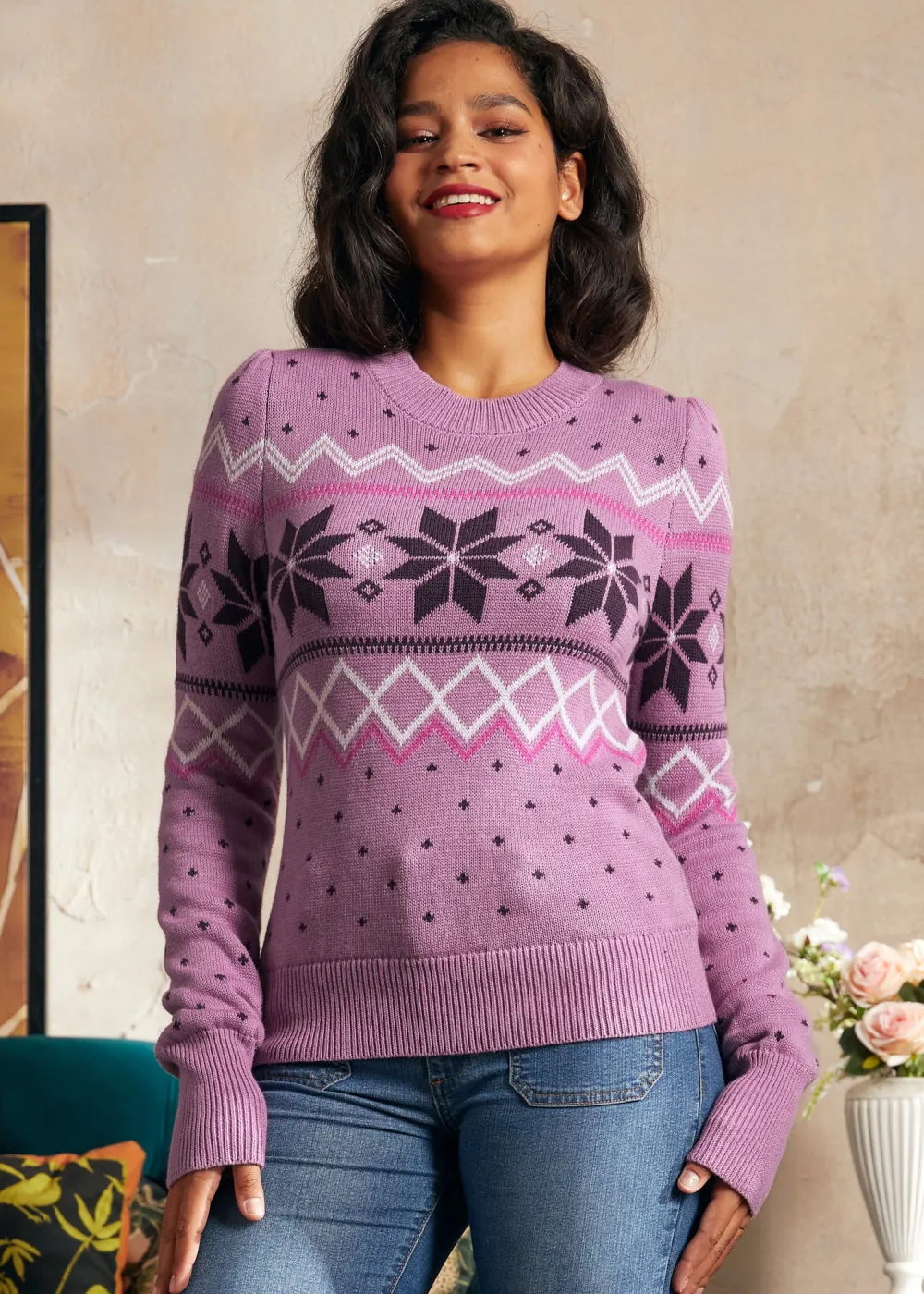 BTC Whimsical Winter Puff Shoulder Sweater Lavender Luxury Sale