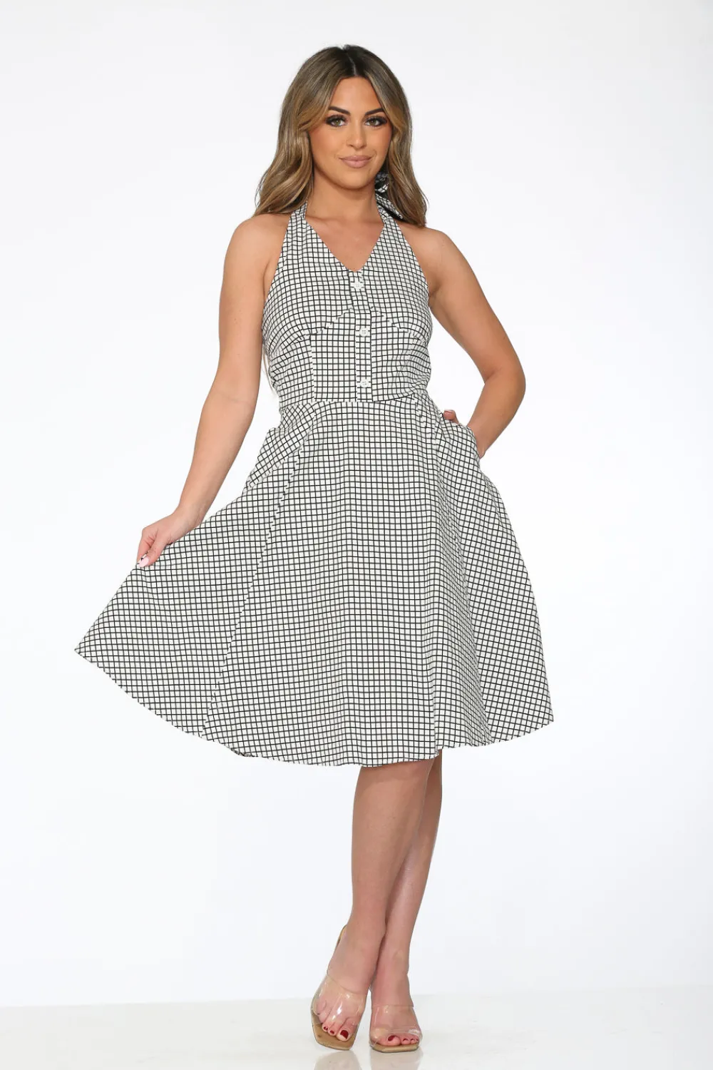 White & Black Checkmate Halter Swing Dress Discount