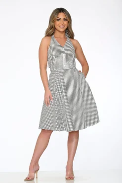 White & Black Checkmate Halter Swing Dress Discount