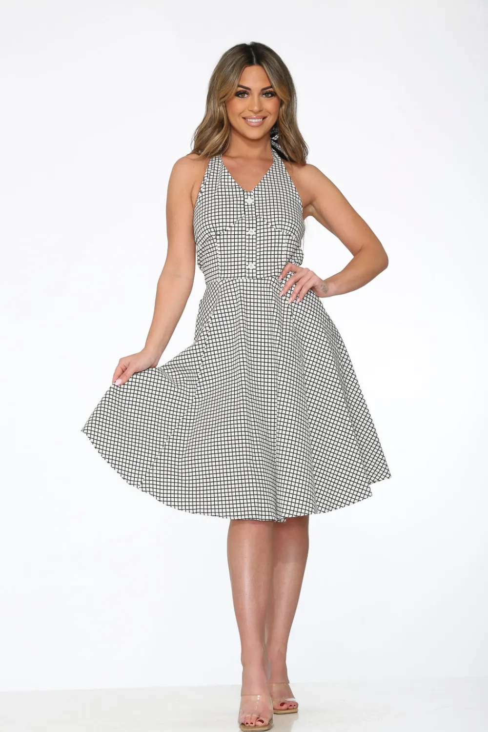 White & Black Checkmate Halter Swing Dress Discount