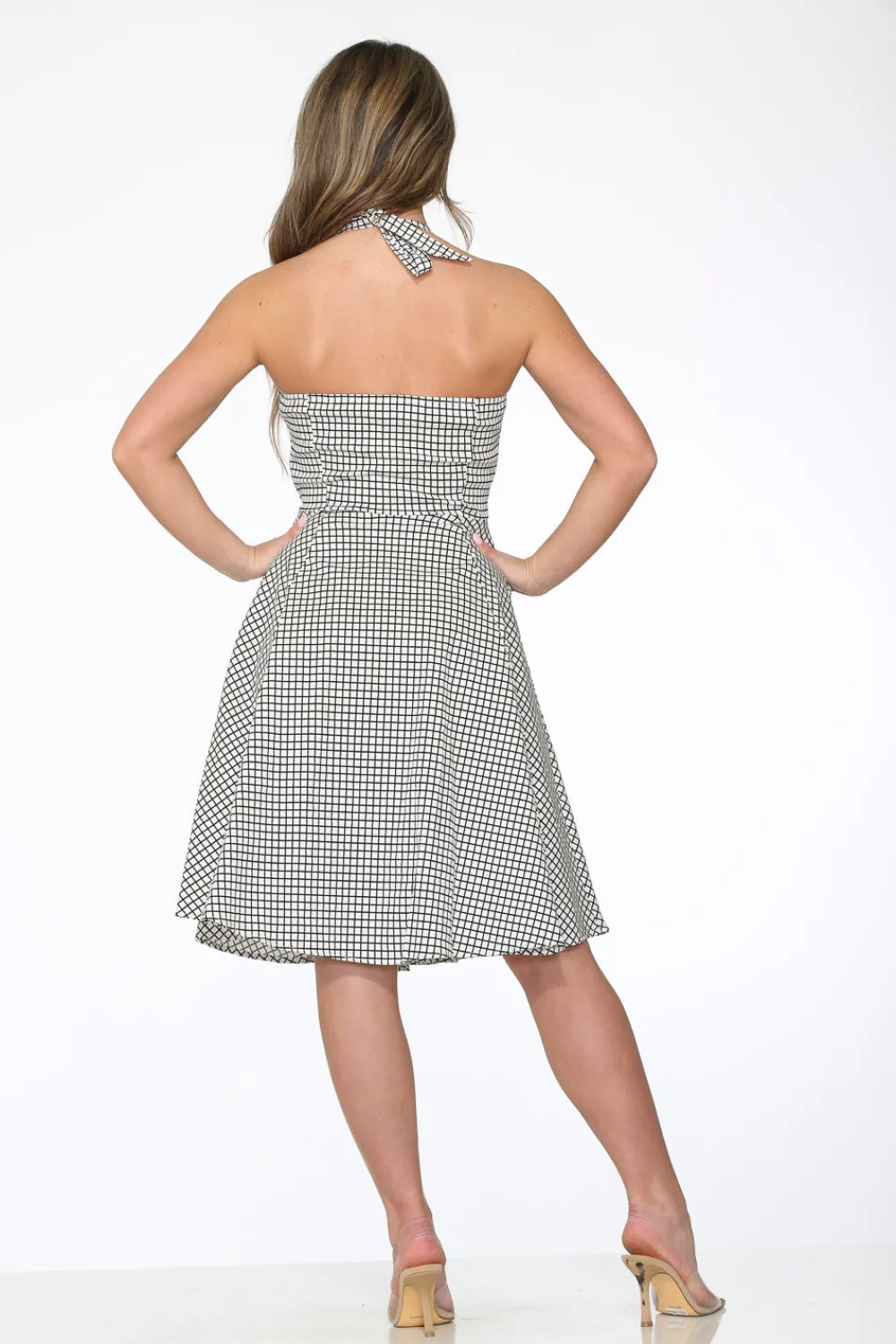 White & Black Checkmate Halter Swing Dress Discount