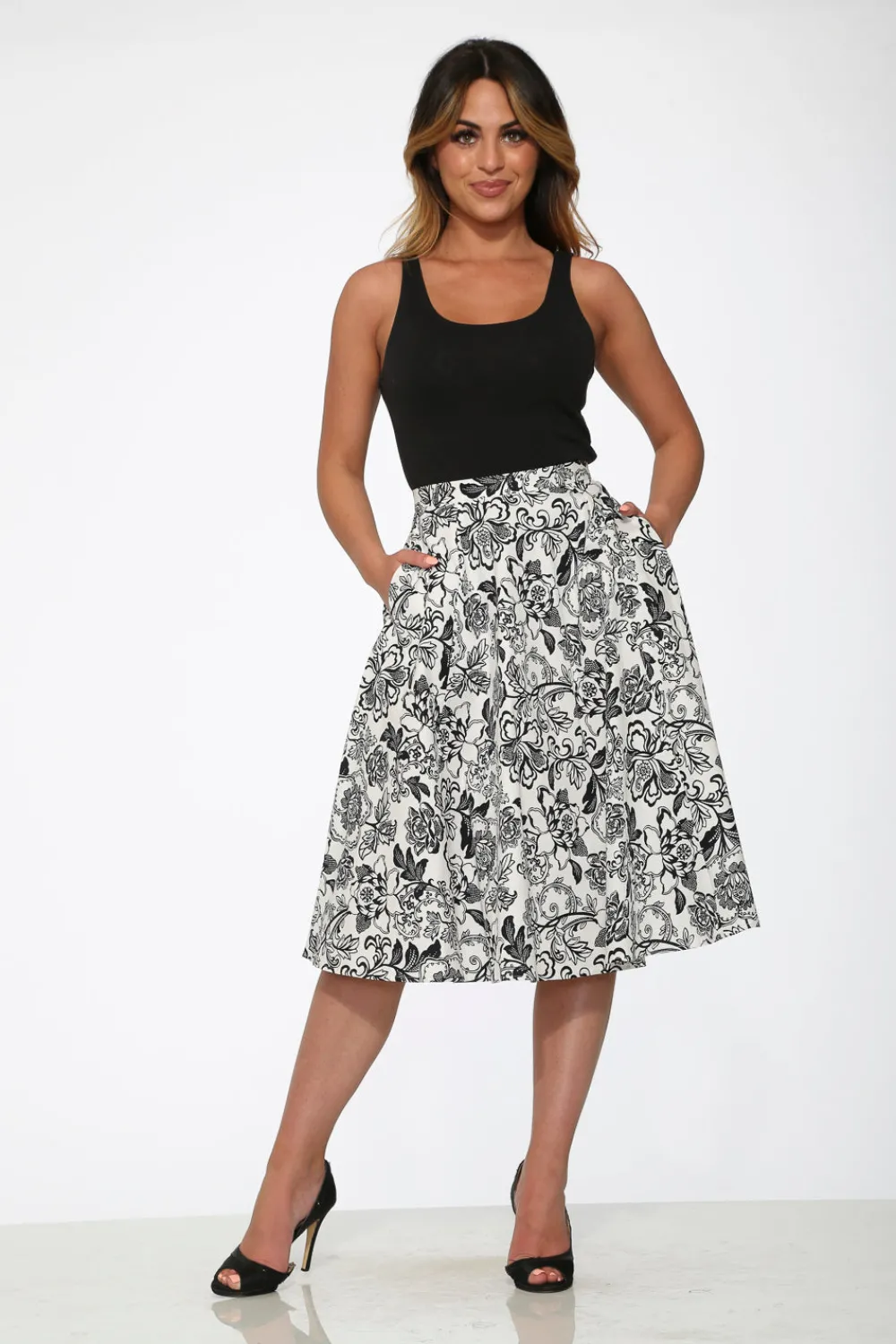 White & Black Floral Skirt New