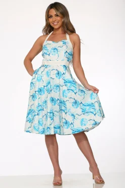 White & Blue Floral Halter Dress New