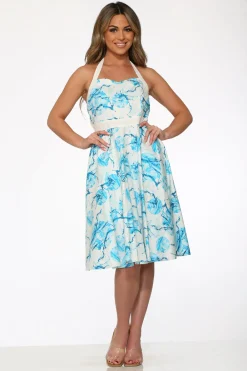 White & Blue Floral Halter Dress New