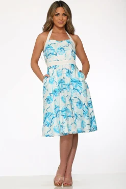 White & Blue Floral Halter Dress New