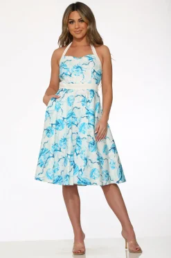 White & Blue Floral Halter Dress New