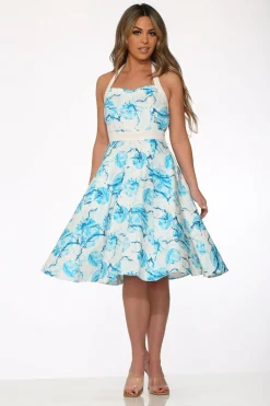 White & Blue Floral Halter Dress New
