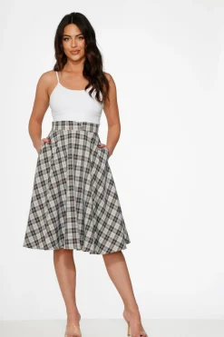 White & Brown Plaid Swing Skirt Online