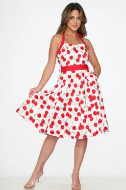 White Red Cherry Halter Swing Dress Online