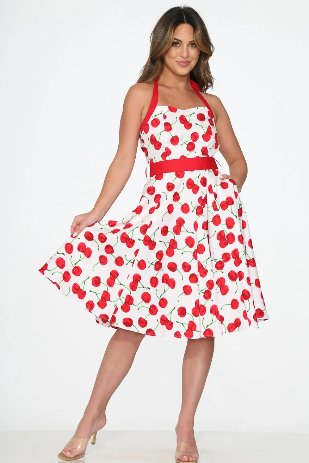White Red Cherry Halter Swing Dress Online