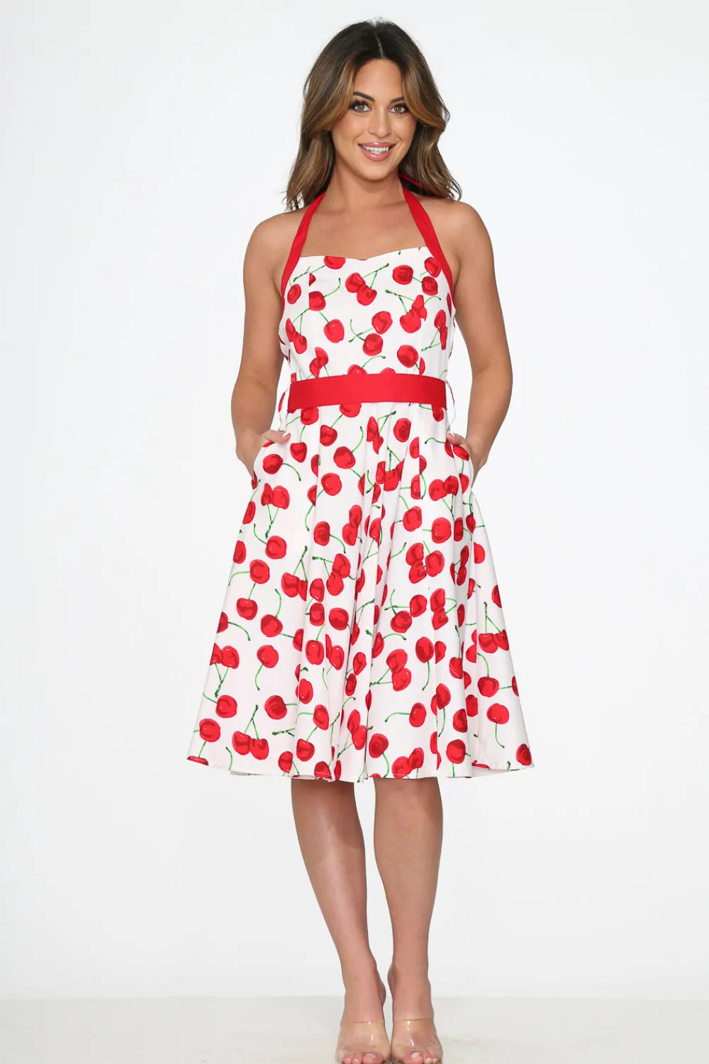 White Red Cherry Halter Swing Dress Online