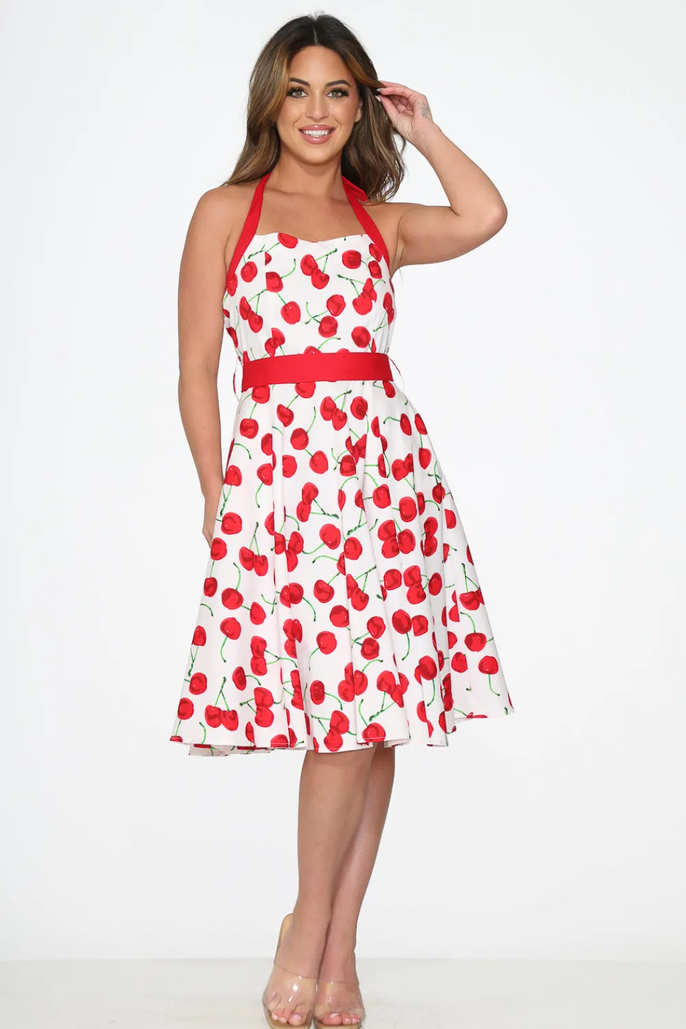 White Red Cherry Halter Swing Dress Online