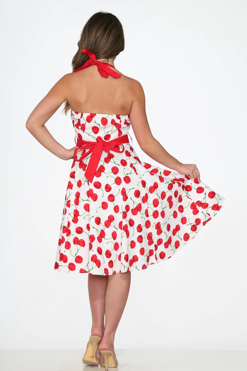 White Red Cherry Halter Swing Dress Online