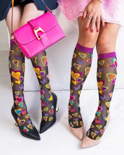 Y2K Hearts Black Sheer Knee High Sock New