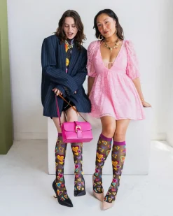 Y2K Hearts Black Sheer Knee High Sock New