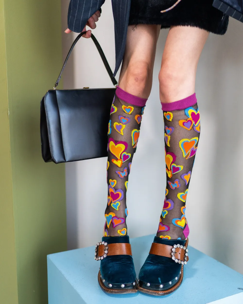 Y2K Hearts Black Sheer Knee High Sock New
