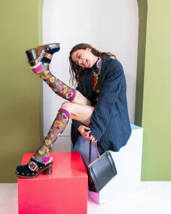 Y2K Hearts Black Sheer Knee High Sock New